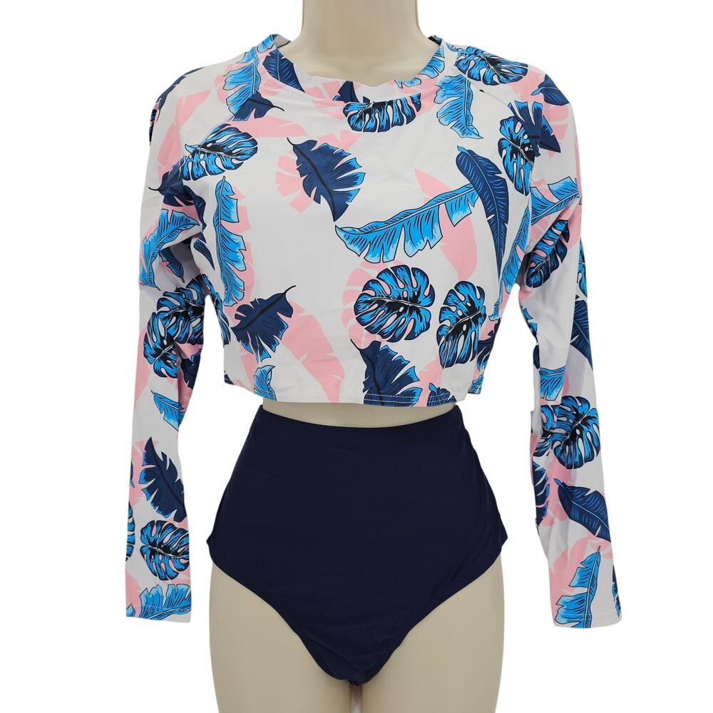 Yonique Womans size M 2 Piece Rash Guard Bikini High Waist Swimsuit Floral NWOT